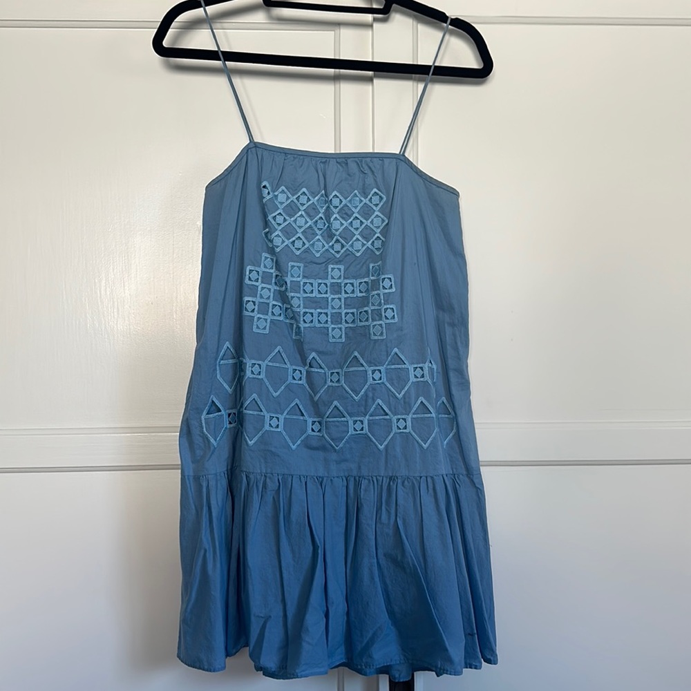Tibi Light Blue Embroidered Drop Waist Mini. Size 2.